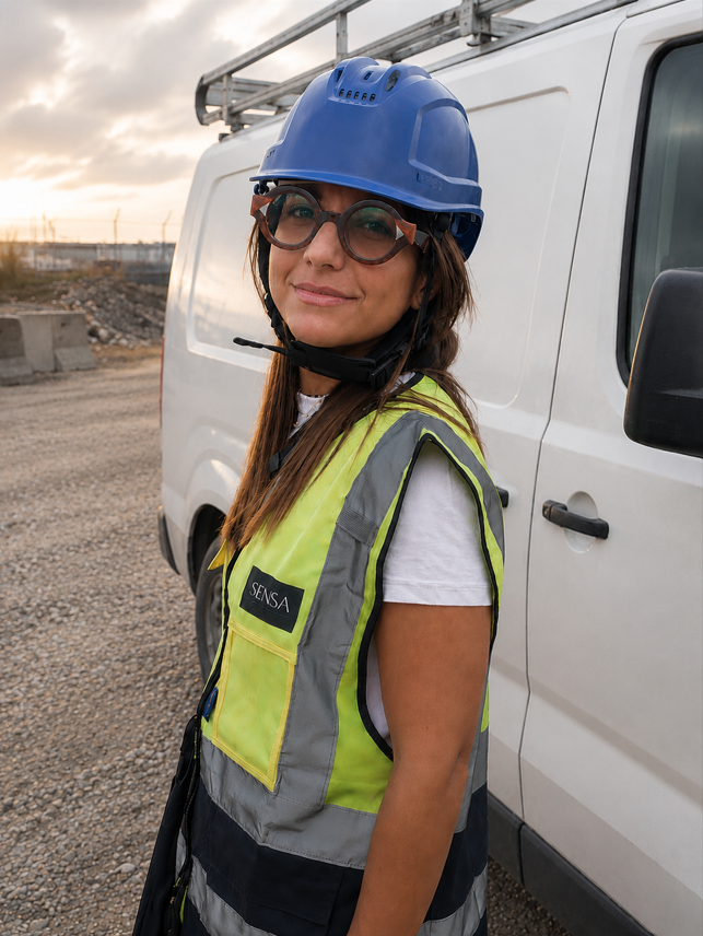 Marie NERI, intervenante en prévention, avec son casque et son gilet de sécurité
